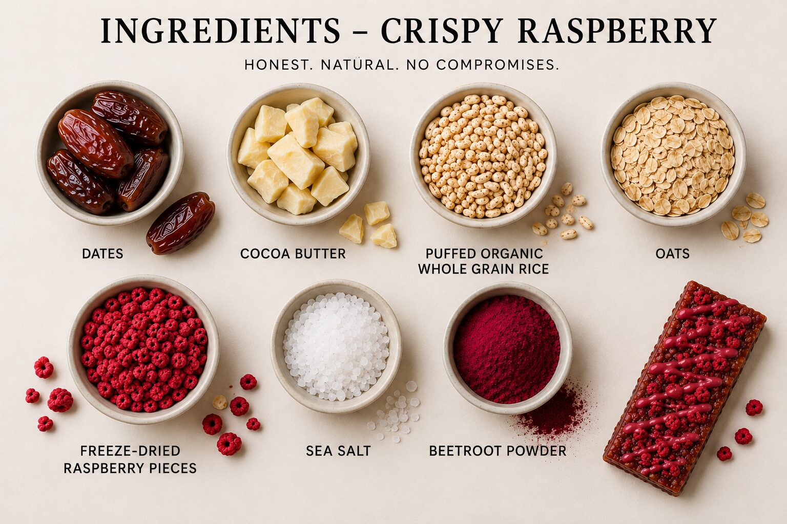 Zutaten für den Crispy Raspberry Riegel von STRAIGHT FOODS in kleinen Schalen