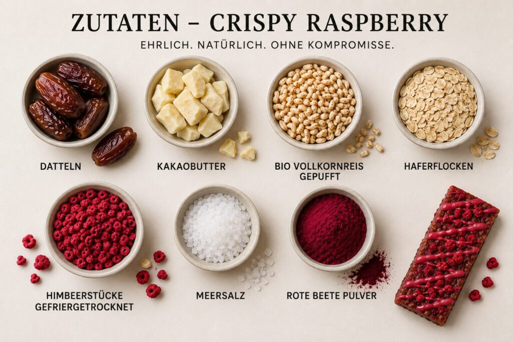Zutaten für den Crispy Raspberry Riegel von STRAIGHT FOODS in kleinen Schalen